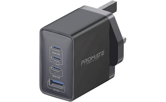 Promate GaNPort4-67PD 67W Power Delivery GaNFast Charger with Quick Charge 3.0, GaN Technology, Adaptive Fast Charging, Safety Protection, Multi-Device Wall Charger, Black
